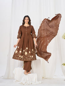 Multi-Thread Embroidered Cotton Anarkali Kurti Set with Dupatta