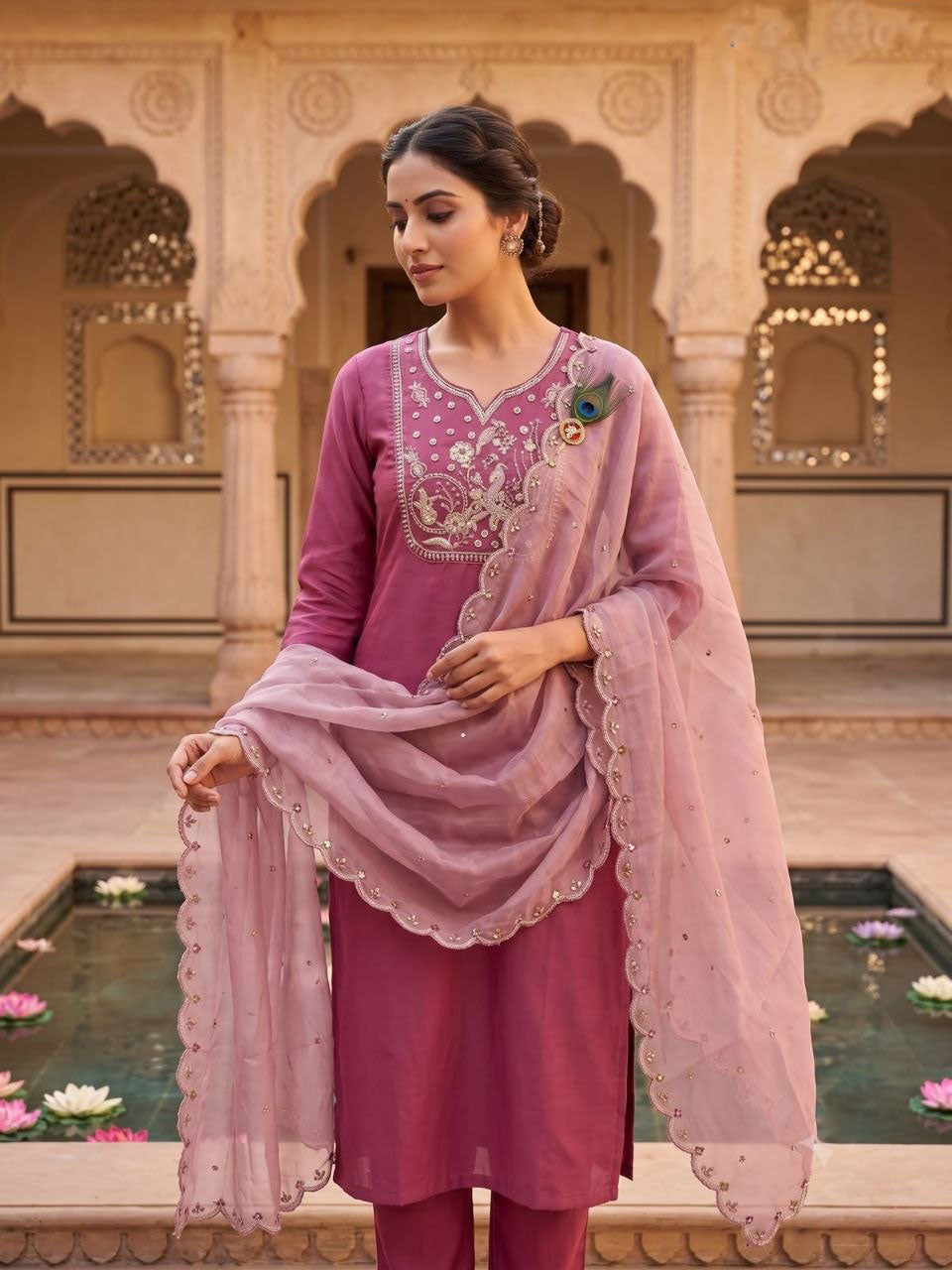Rouge Beadwork Roman Silk Kurta Set