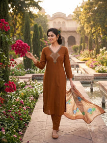 Coffee Chanderi Handwork Suit Set With Jacquard Dupatta