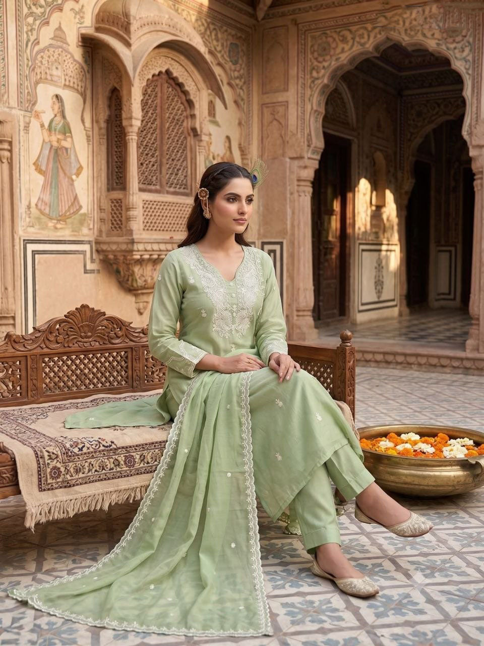 Pista Mul Chanderi Embroidered A-Line Kurta Set