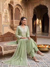 Pista Mul Chanderi Embroidered A-Line Kurta Set