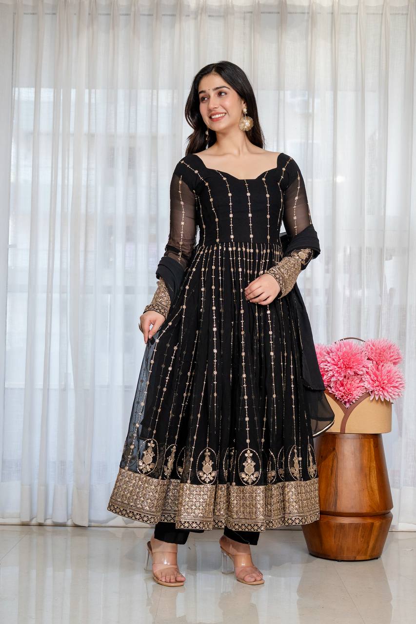 Black Zari Embroidered Anarkali Suit Set with Dupatta
