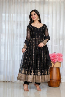 Black Zari Embroidered Anarkali Suit Set with Dupatta