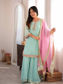Parrot Green Embroidered Sharara Suit Set