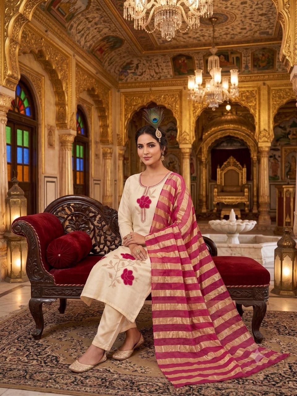 Cream Roman Silk Embroidered Kurta Pant Dupatta Set
