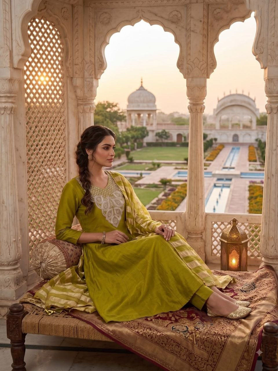 Parrot Green Beaded Roman Silk Anarkali Suit Set