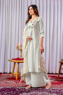 Off White Mango Silk Embroidered Kurta Palazzo Dupatta Set