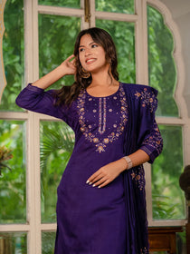Violet Marina Silk Embroidered Kurta Pant Dupatta Set