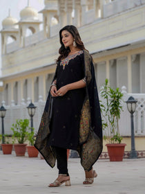Black Premium Roman Silk Embroidered Kurta Pant Dupatta Set