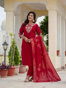 Maroon Premium Roman Silk Embroidered Kurta Pant Dupatta Set