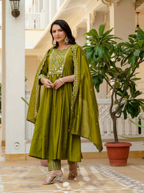 Mahendi Viscose Roman Silk Mirror Work Anarkali Suit Set