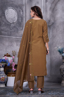 Brown Roman Silk Embroidered Kurta Pant Dupatta Set