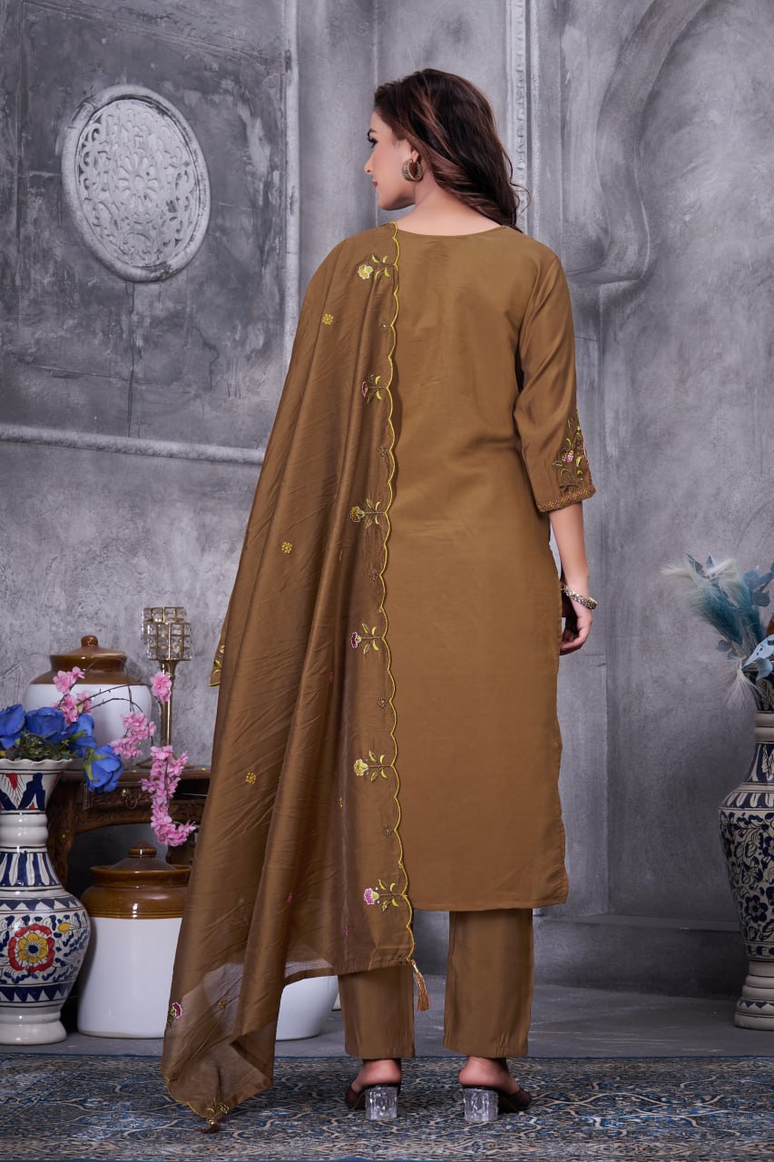 Multi Embroidery Roman Silk Kurti Pant Dupatta Set