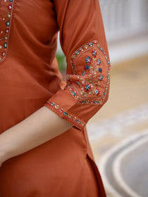Rust Pure Viscose Mango Silk Embroidered Kurta Set