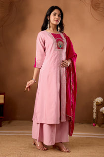 Light Pink Roman Silk Embroidered Anarkali Palazzo Set
