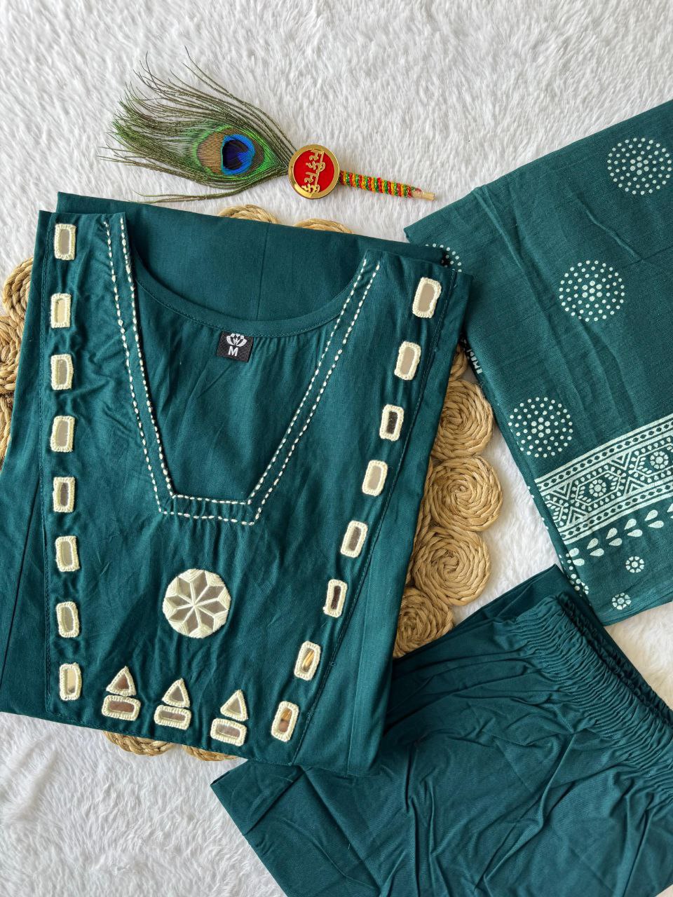 Pure Cotton Morphich Mirror Work Suit Set