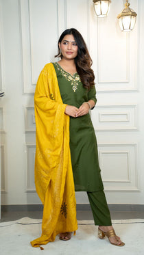 Mehendi Green Roman Silk Embroidered Kurta Set