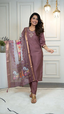 Burgundy Hand Work Kurta Pant Dupatta Set