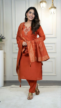 Rust Roman Silk Handwork Kurta Pant Set