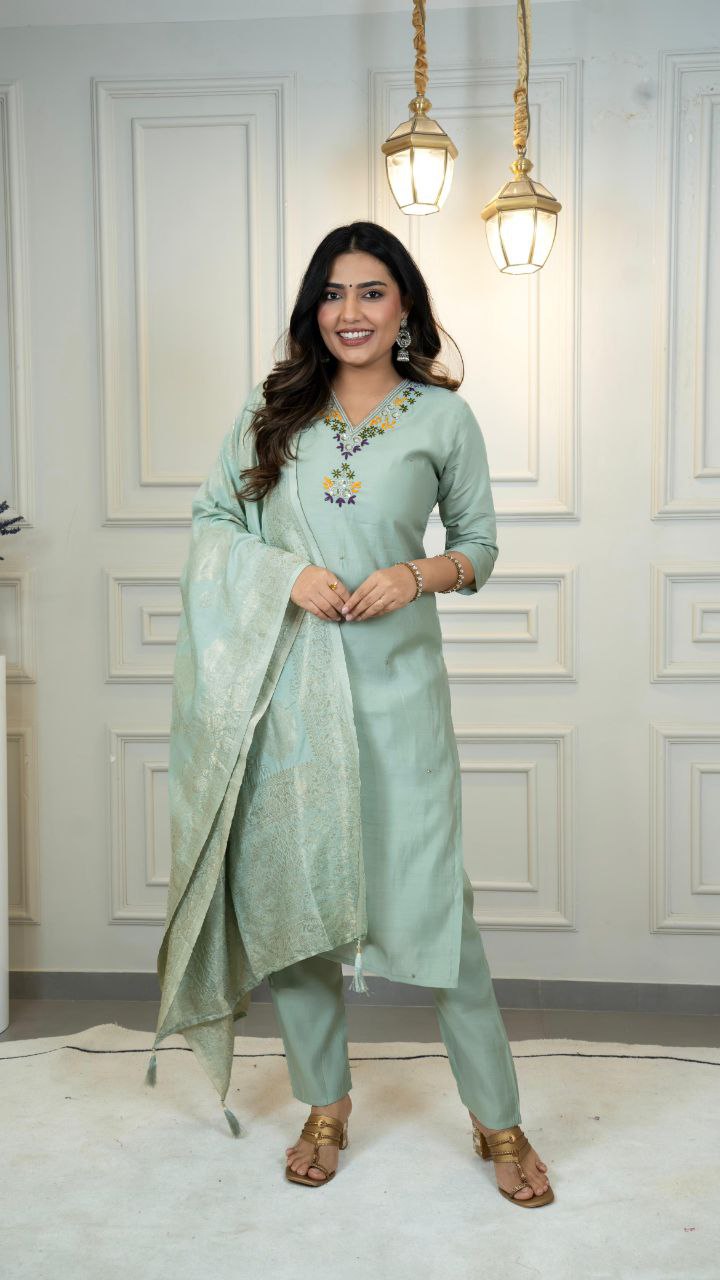 Sea Green Handwork Roman Silk Suit Set
