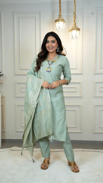 C Green Roman Silk Embroidered Kurta Set