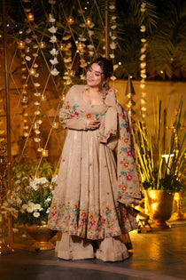 Beige Color Multi Embroidery Sequins Work Anarkali Suit
