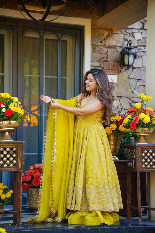 Teby Organza Zari Embroidered Gown with Sharara & Dupatta Set