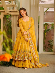 Beige Crunchy Silk Embroidered Gown Sharara Set