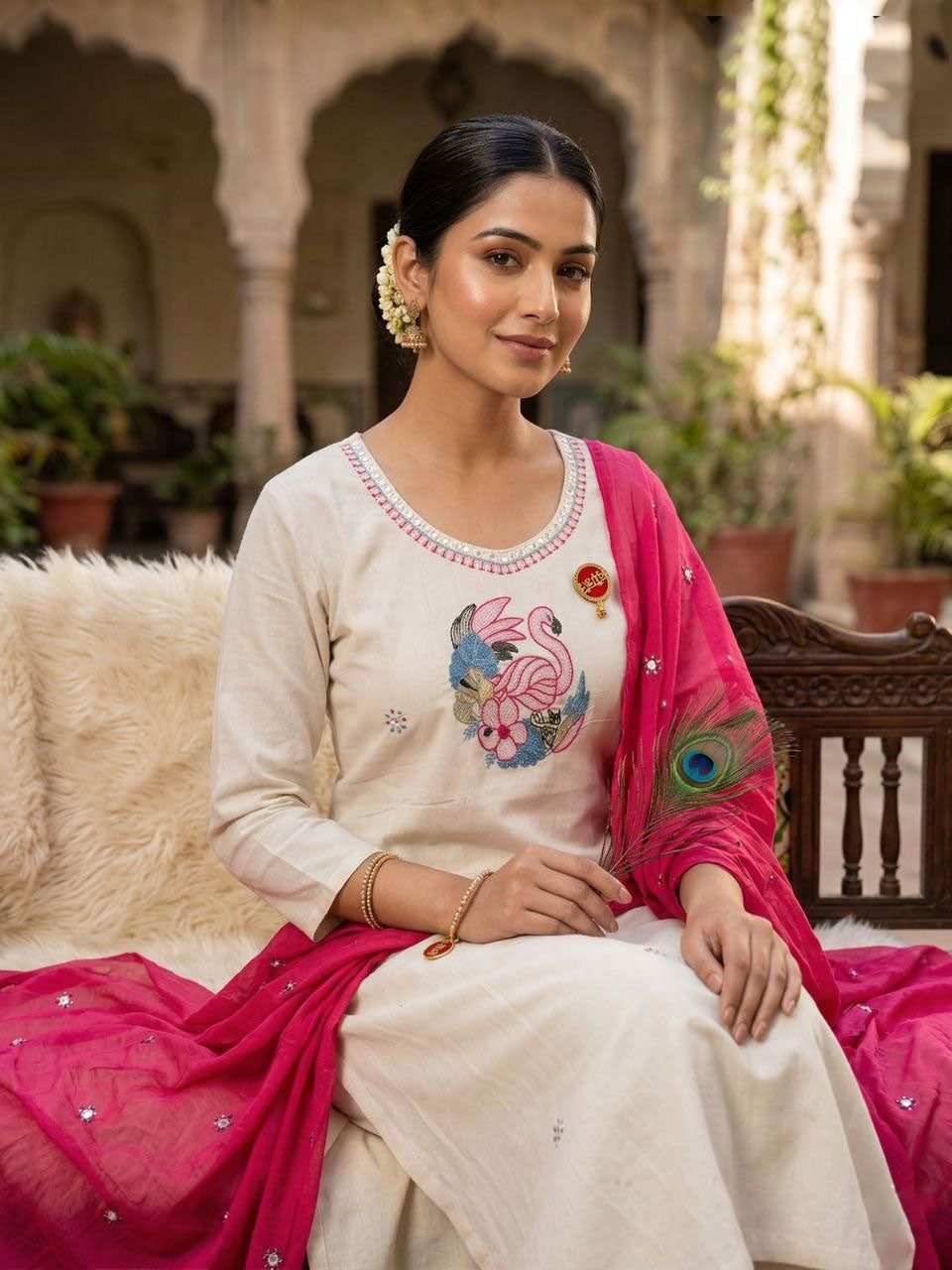 Cream Embroidered Khadi Cotton Kurta Set