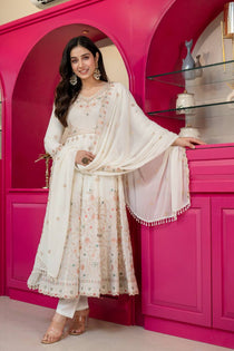 White Sequins Embroidered Kurta Sharara Set with Dupatta