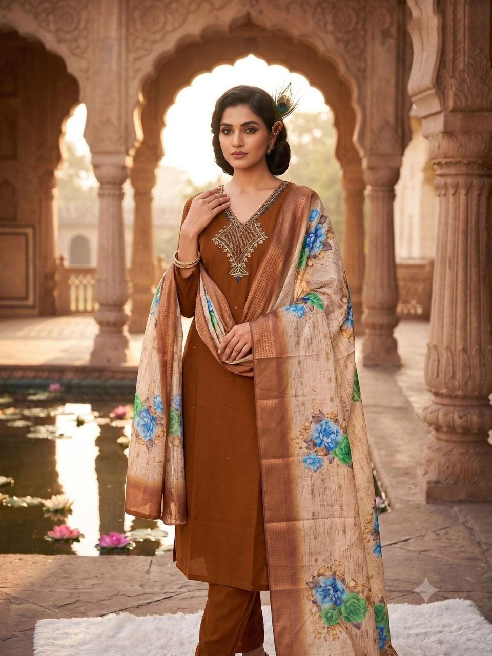 Coffee Handwork Mul Chanderi Kurta Set Main image