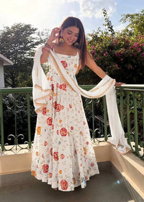 Elegant Embroidered Gown Set with Lace Border Dupatta