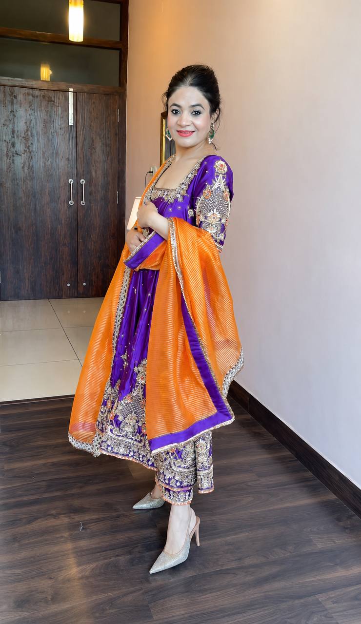 Heavy Silk Embroidered Gown Set with Pant and Organza Dupatta