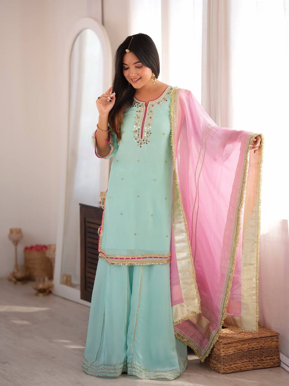 Parrot Green Embroidered Sharara Suit Set