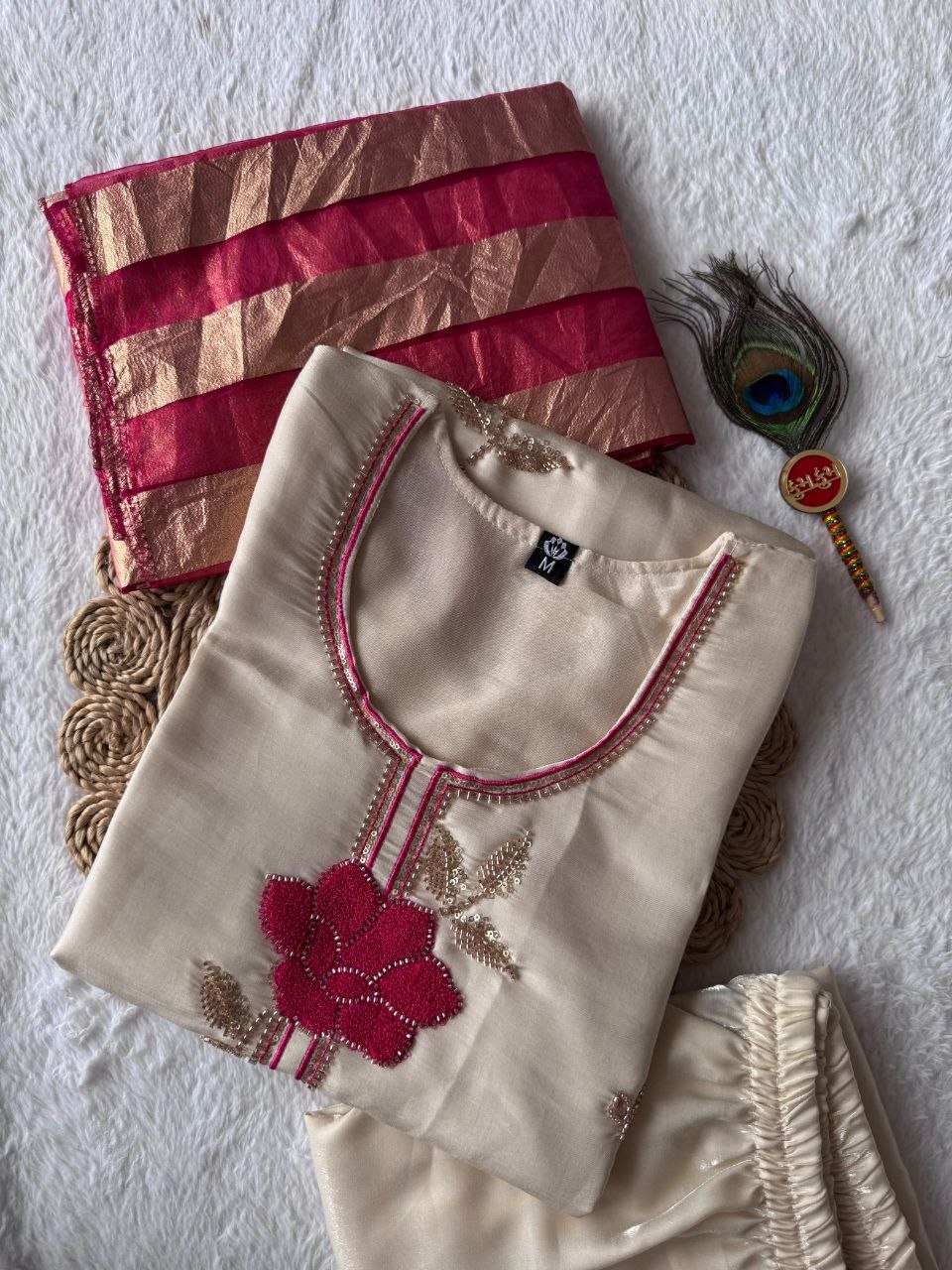 Cream Roman Silk Embroidered Kurta Pant Dupatta Set