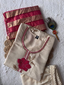 Cream Roman Silk Embroidered Kurta Pant Dupatta Set
