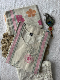 Cream Khadi Cotton Embroidered Kurta Set