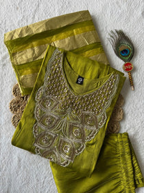 Parrot Green Beaded Roman Silk Anarkali Suit Set