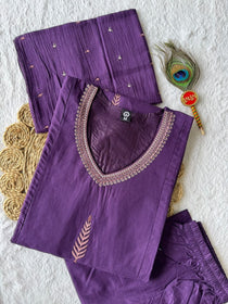 Purple Pure Cotton Embroidered A-Line Kurta Set