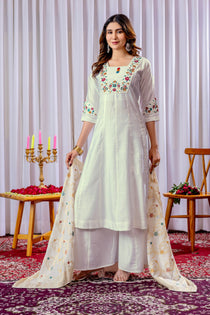 Off White Mango Silk Embroidered Kurta Palazzo Dupatta Set