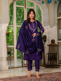 Violet Marina Silk Embroidered Kurta Pant Dupatta Set