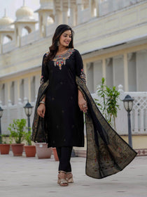 Black Roman Silk Embroidered Kurta Pant Set with Muslin Silk Jacquard Dupatta