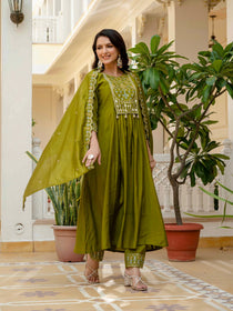 Mahendi Viscose Roman Silk Mirror Work Anarkali Suit Set