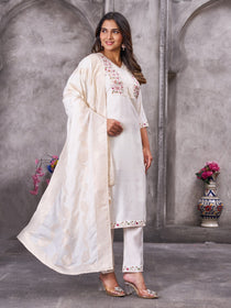Brown Roman Silk Embroidered Kurta Pant Dupatta Set