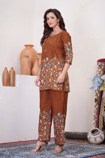 Brown Pure Cotton Kantha Work Co-ord Set