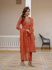 Rust Viscose Mango Silk Embroidered Kurta Set