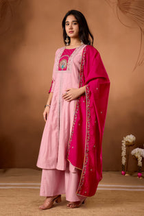 Light Pink Roman Silk Embroidered Anarkali Palazzo Set