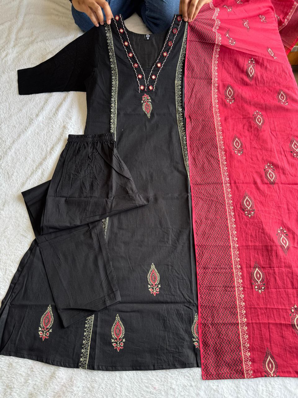Black Cotton Mirror Work A-Line Kurta Pant Dupatta Set