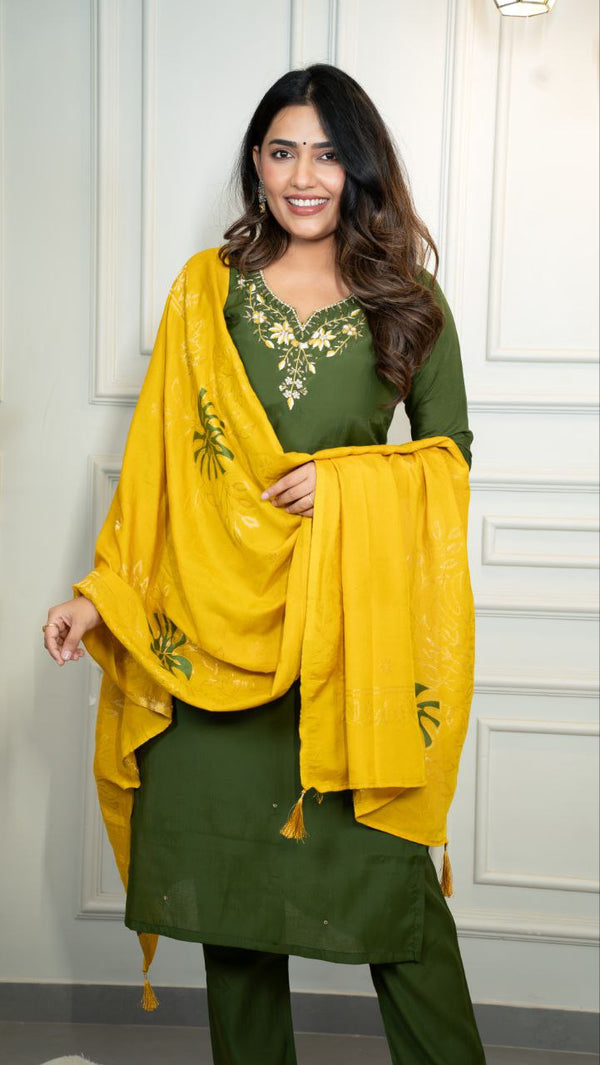 Premium Roman Silk Mahendi Handwork Suit Set