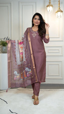 Burgundy Hand Work Kurta Pant Dupatta Set